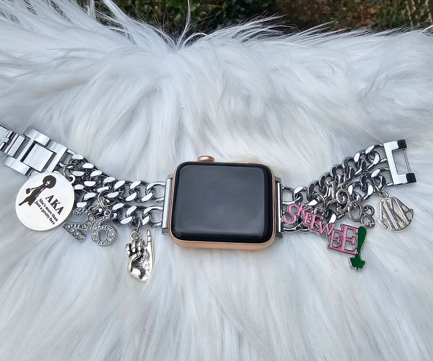 AKA Apple Link Custom Fit Watch Band Available In Silver & Gold (charms may be changed)