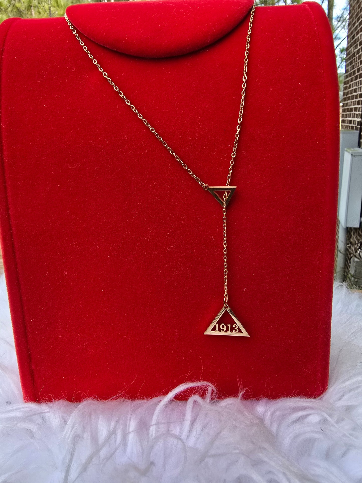 Pyramid 1913 Delta Sigma Theta Sorority Dangling necklaces available in gold & silver