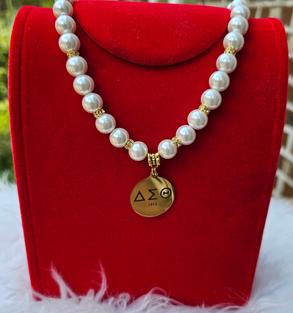Delta Sigma Theta Beaded Pearl Sorority Necklaces Available in Gold & Silver