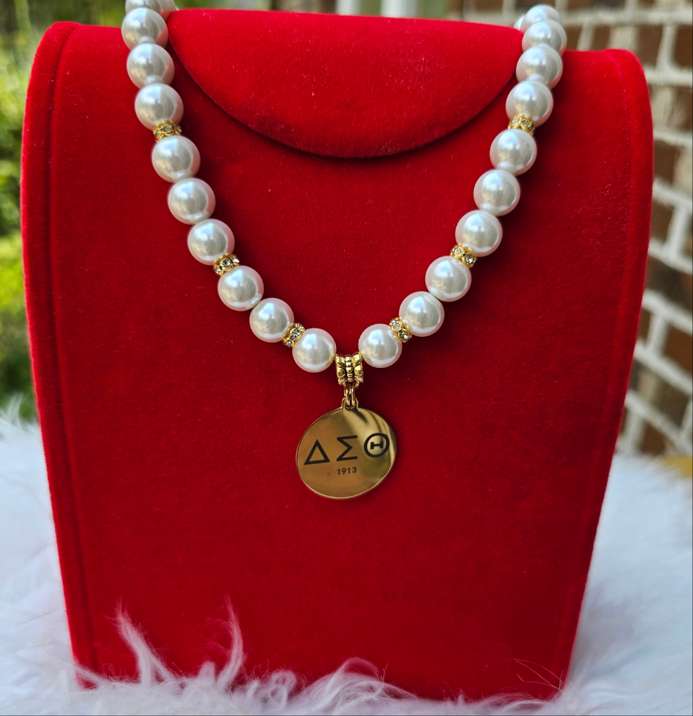 Delta Sigma Theta Beaded Pearl Sorority Necklaces Available in Gold & Silver