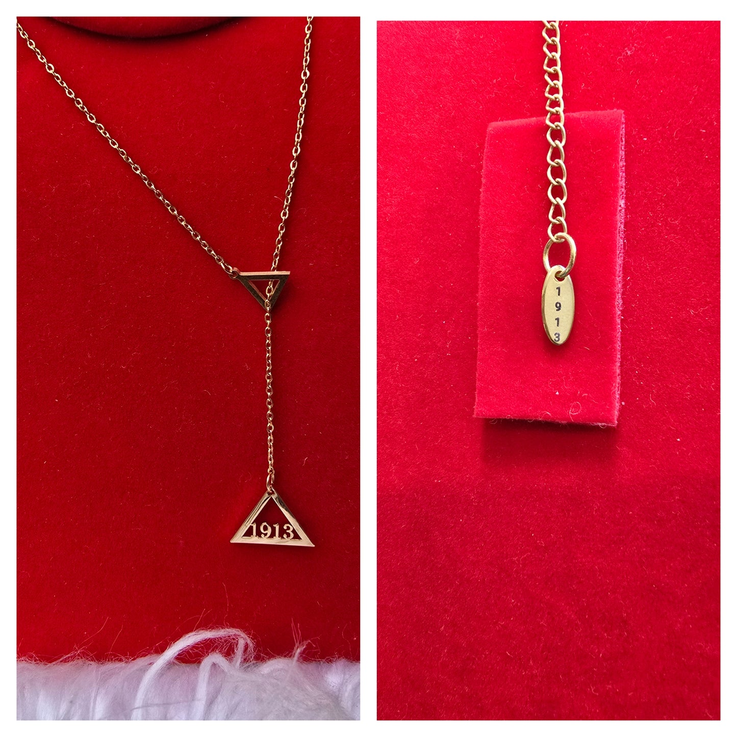 Pyramid 1913 Delta Sigma Theta Sorority Dangling necklaces available in gold & silver