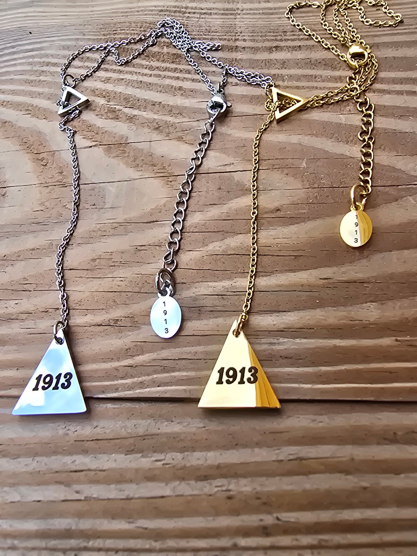 Pyramid 1913 Delta Sigma Theta Sorority Dangling necklaces available in gold & silver