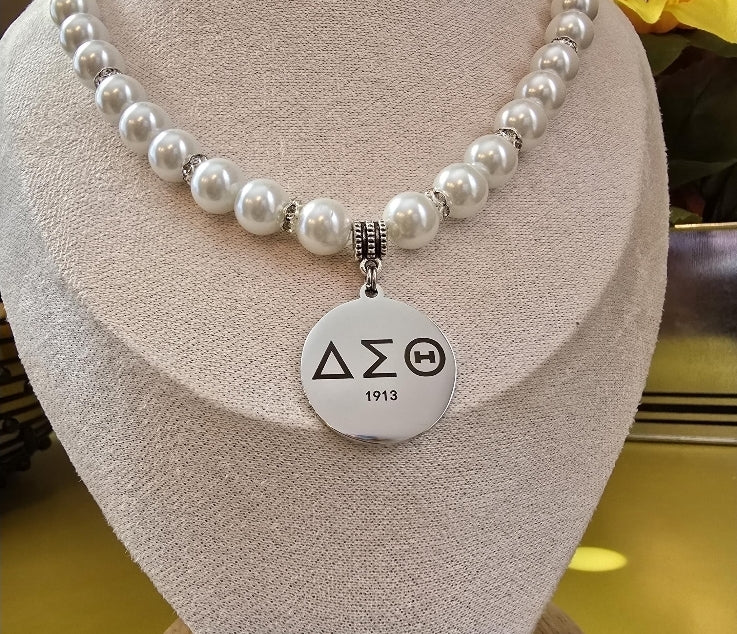 Delta Sigma Theta Beaded Pearl Sorority Necklaces Available in Gold & Silver