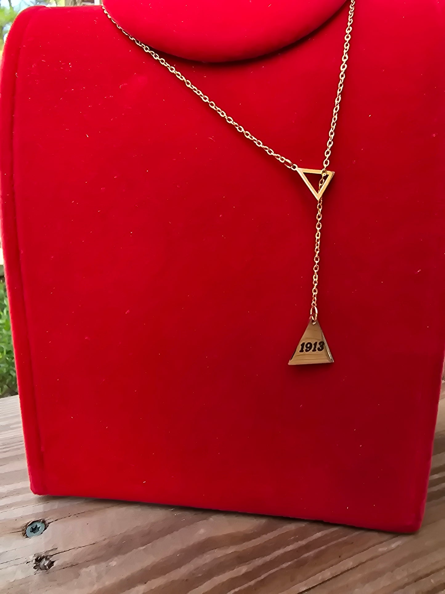Pyramid 1913 Delta Sigma Theta Sorority Dangling necklaces available in gold & silver