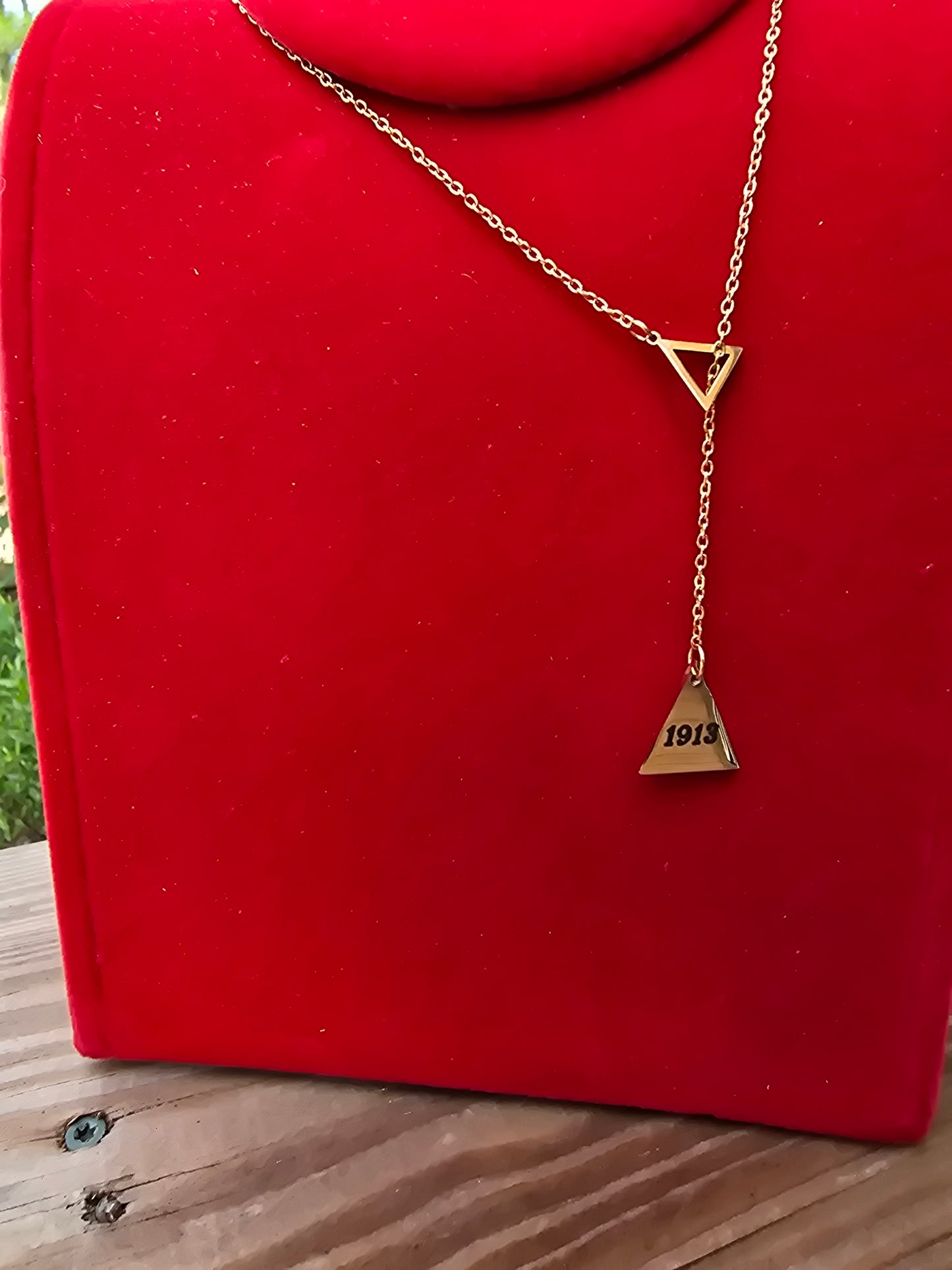 Pyramid 1913 Delta Sigma Theta Sorority Dangling necklaces available in gold & silver