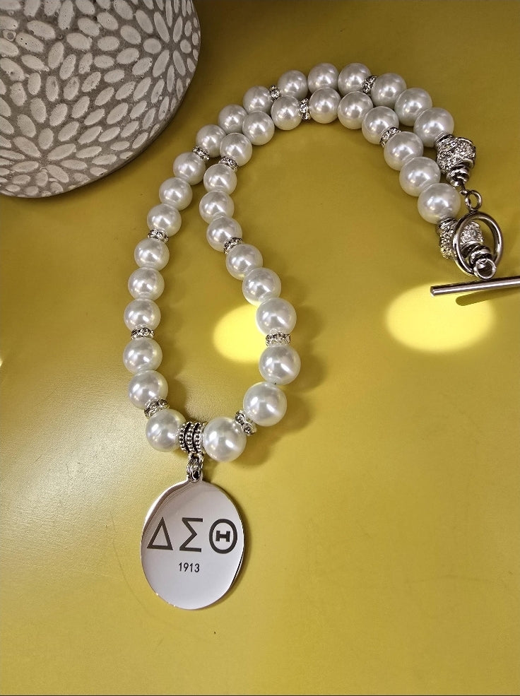 Delta Sigma Theta Beaded Pearl Sorority Necklaces Available in Gold & Silver