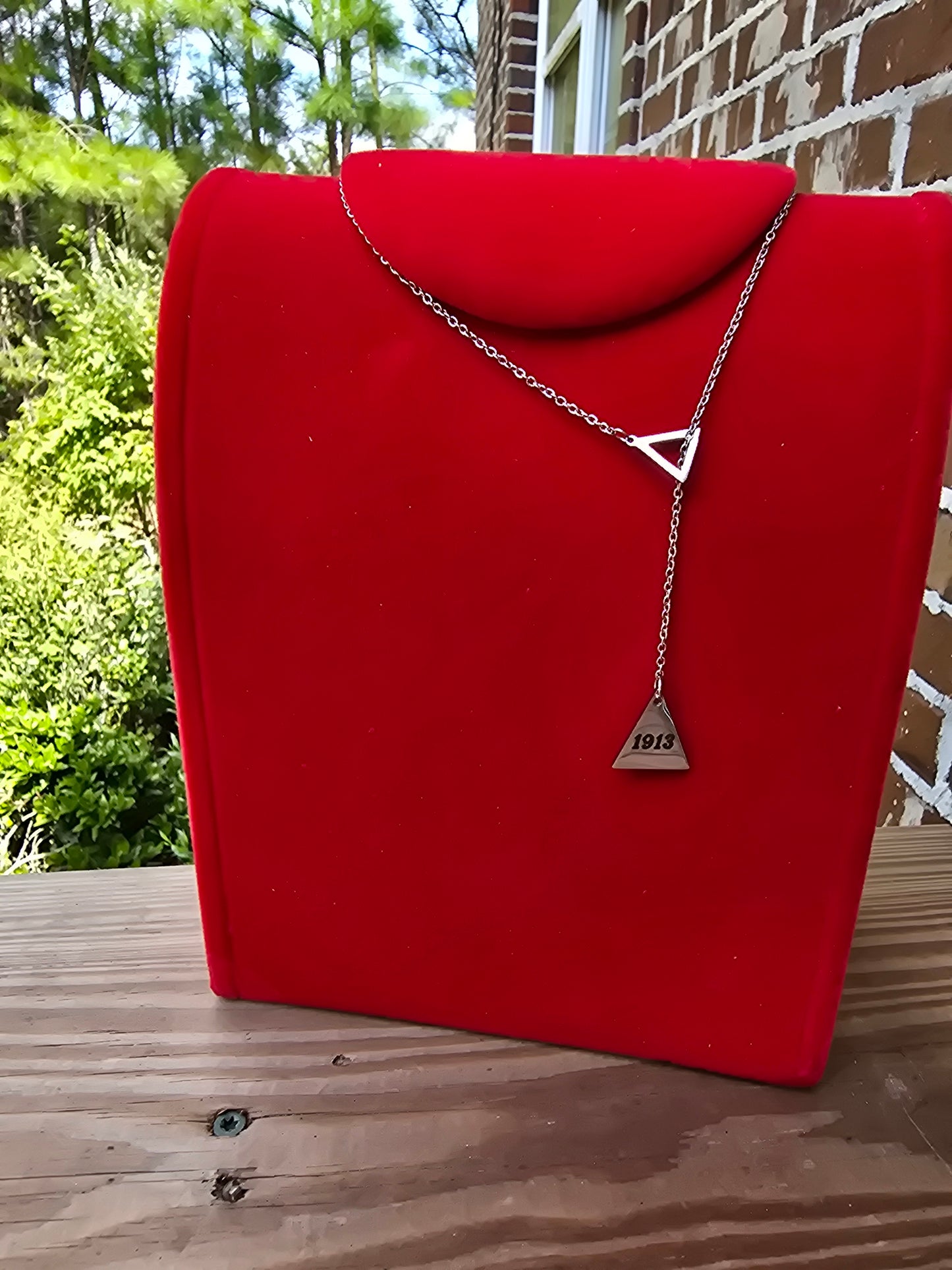 Pyramid 1913 Delta Sigma Theta Sorority Dangling necklaces available in gold & silver