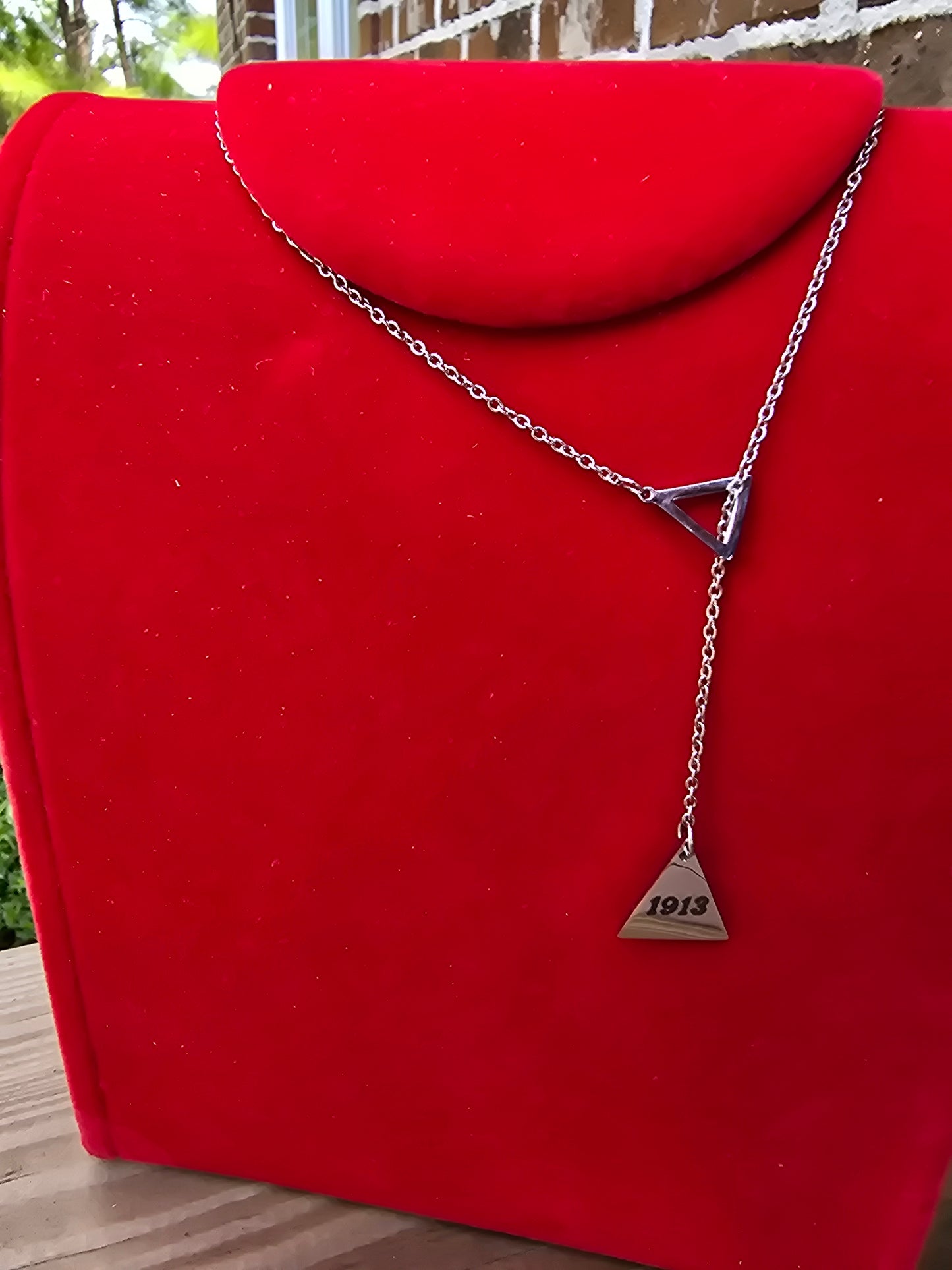 Pyramid 1913 Delta Sigma Theta Sorority Dangling necklaces available in gold & silver