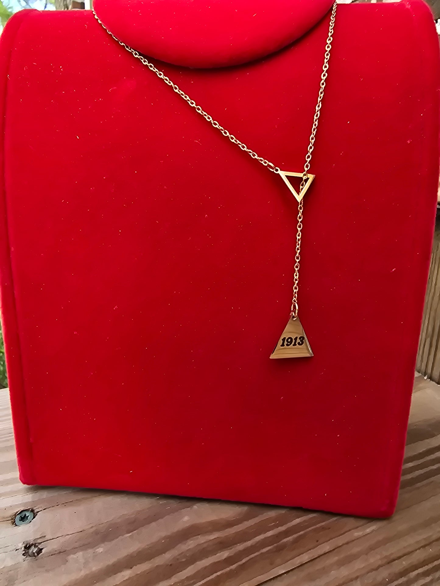 Pyramid 1913 Delta Sigma Theta Sorority Dangling necklaces available in gold & silver