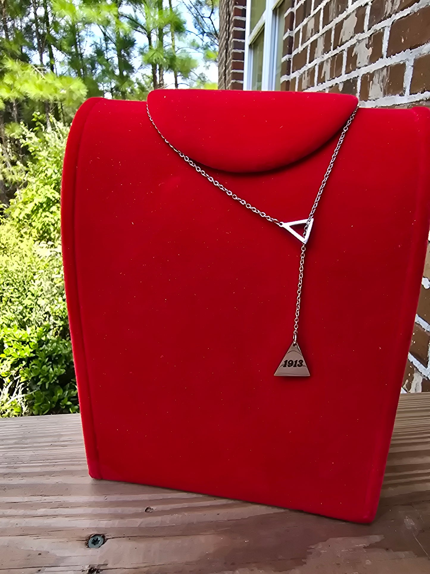 Pyramid 1913 Delta Sigma Theta Sorority Dangling necklaces available in gold & silver
