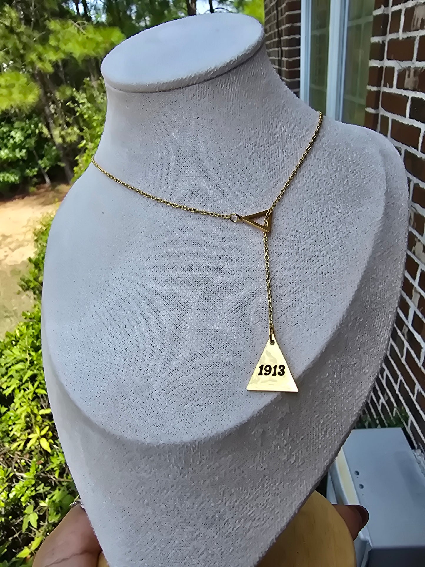 Pyramid 1913 Delta Sigma Theta Sorority Dangling necklaces available in gold & silver