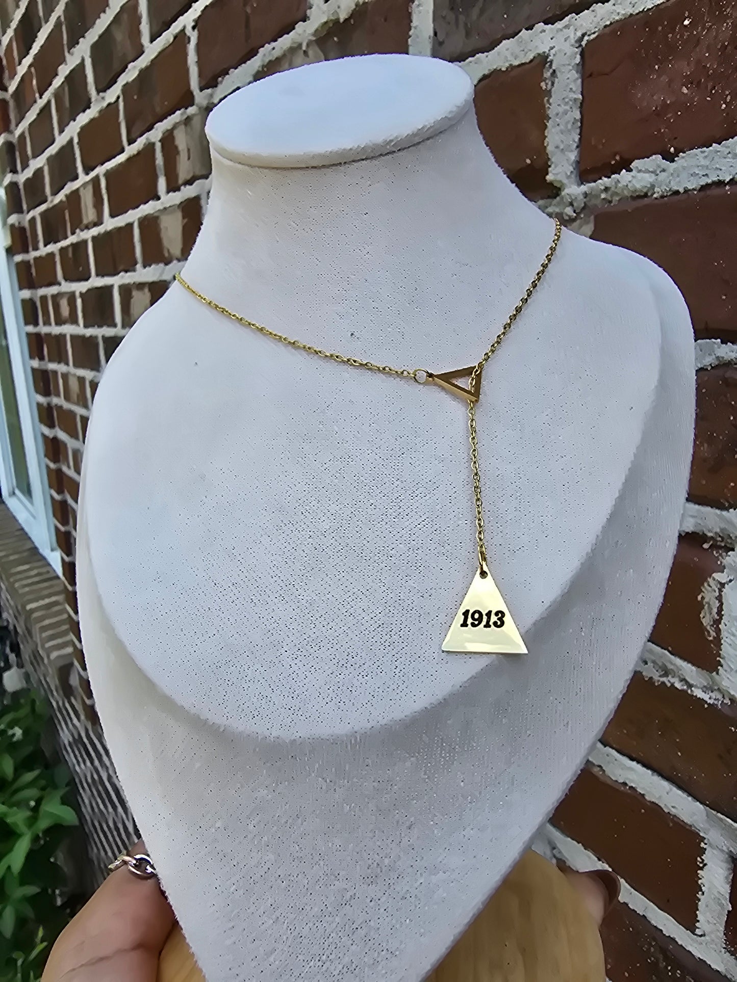 Pyramid 1913 Delta Sigma Theta Sorority Dangling necklaces available in gold & silver