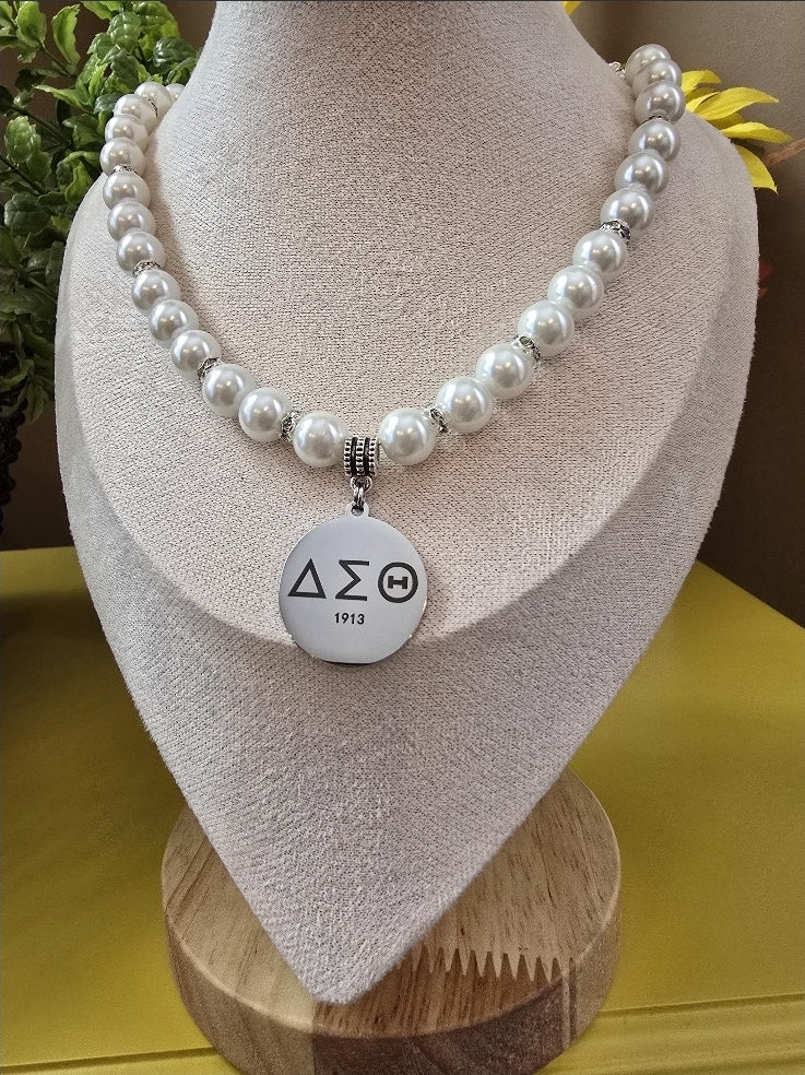 Delta Sigma Theta Beaded Pearl Sorority Necklaces Available in Gold & Silver