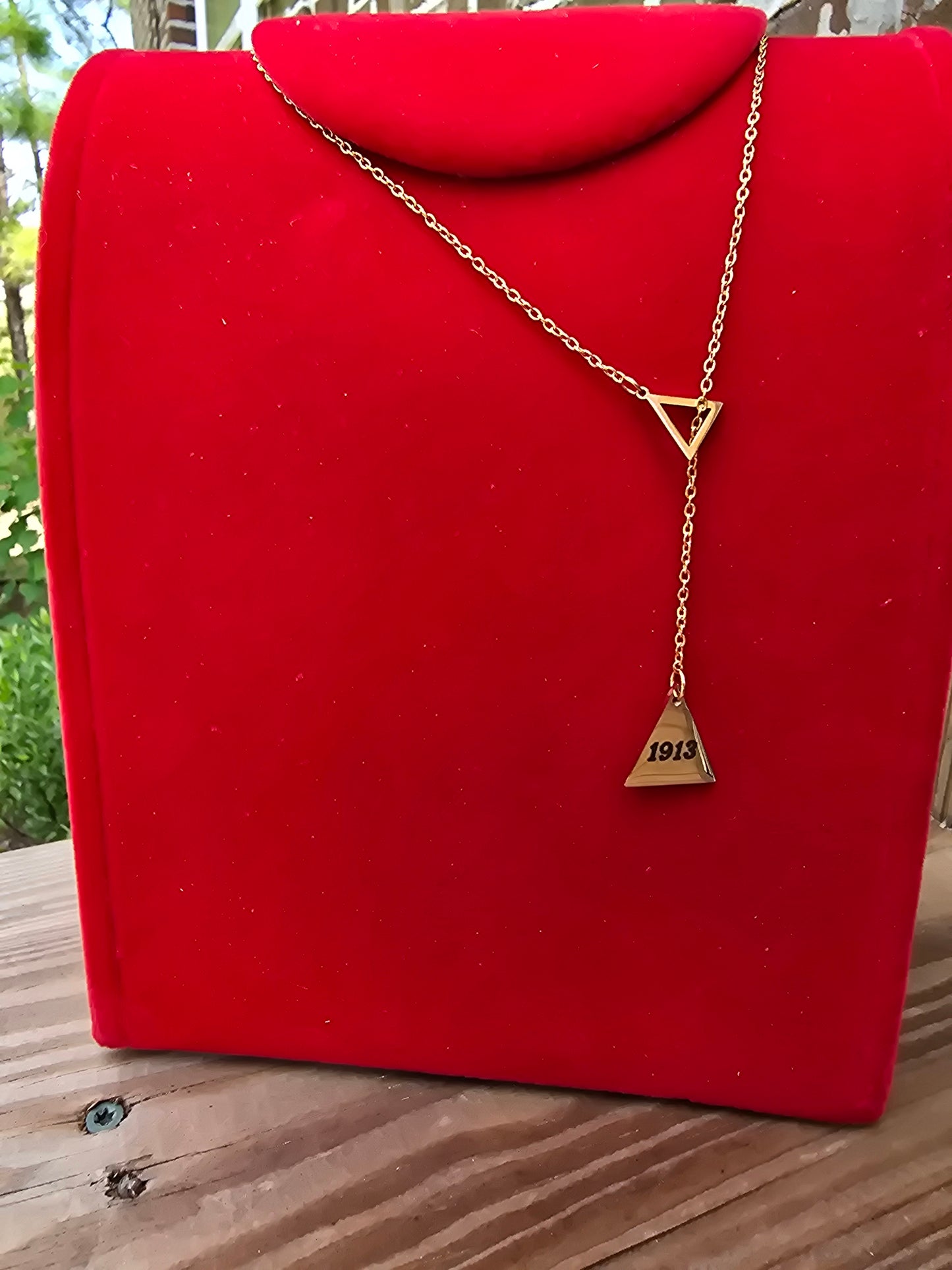 Pyramid 1913 Delta Sigma Theta Sorority Dangling necklaces available in gold & silver