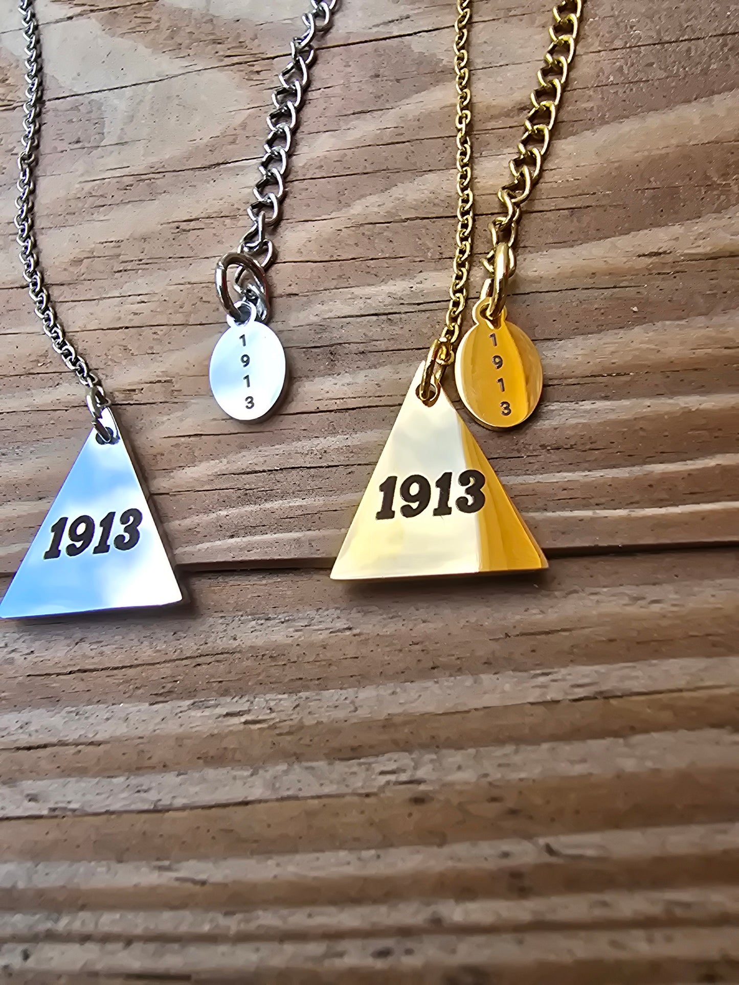 Pyramid 1913 Delta Sigma Theta Sorority Dangling necklaces available in gold & silver