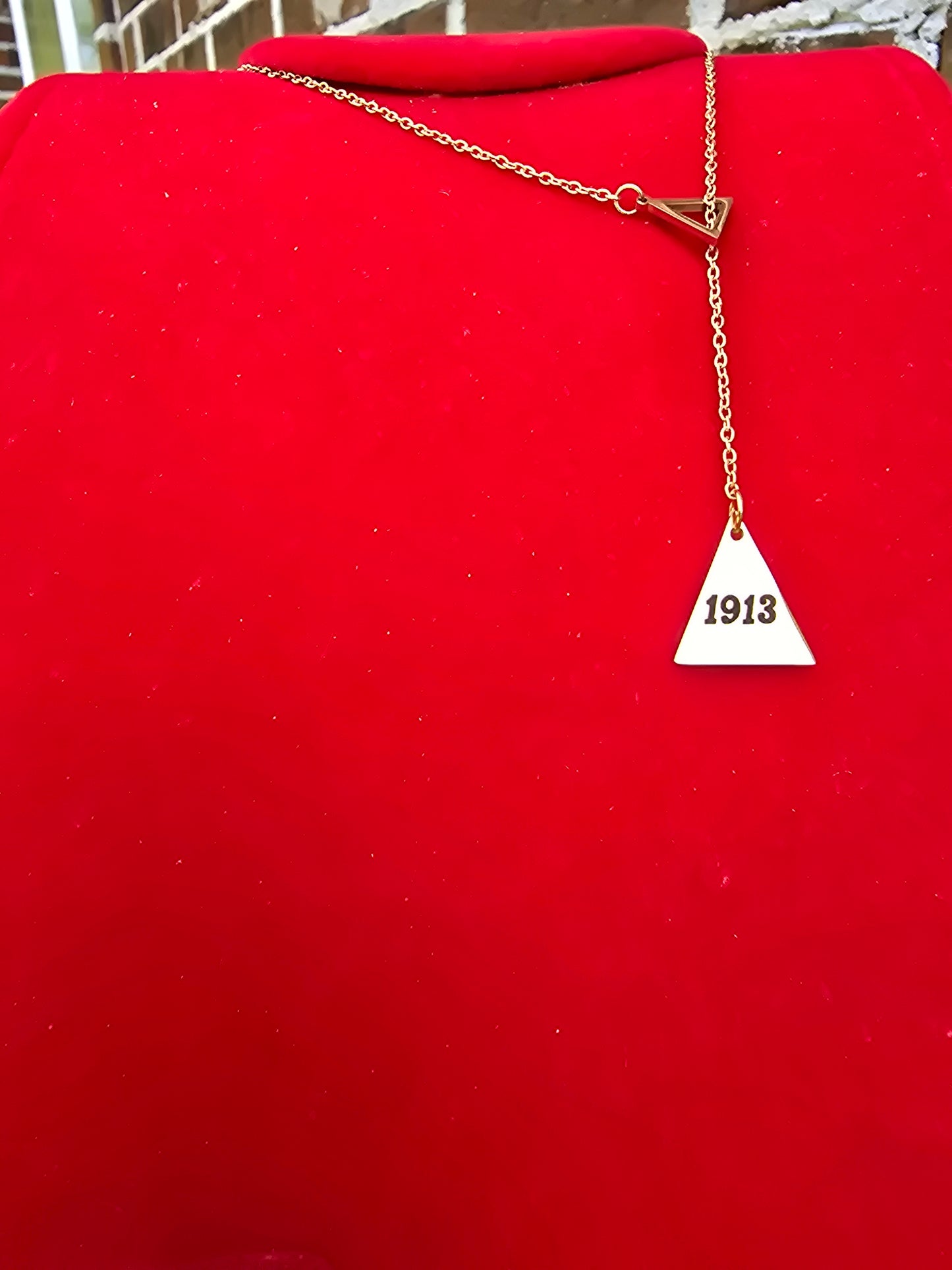 Pyramid 1913 Delta Sigma Theta Sorority Dangling necklaces available in gold & silver
