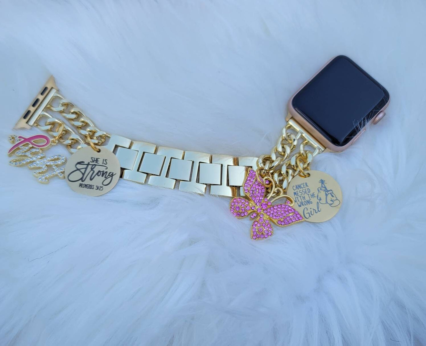 Cancer Awareness Gold Custom Fit Apple Watch Band With Charms (charms may be changed at customers request)