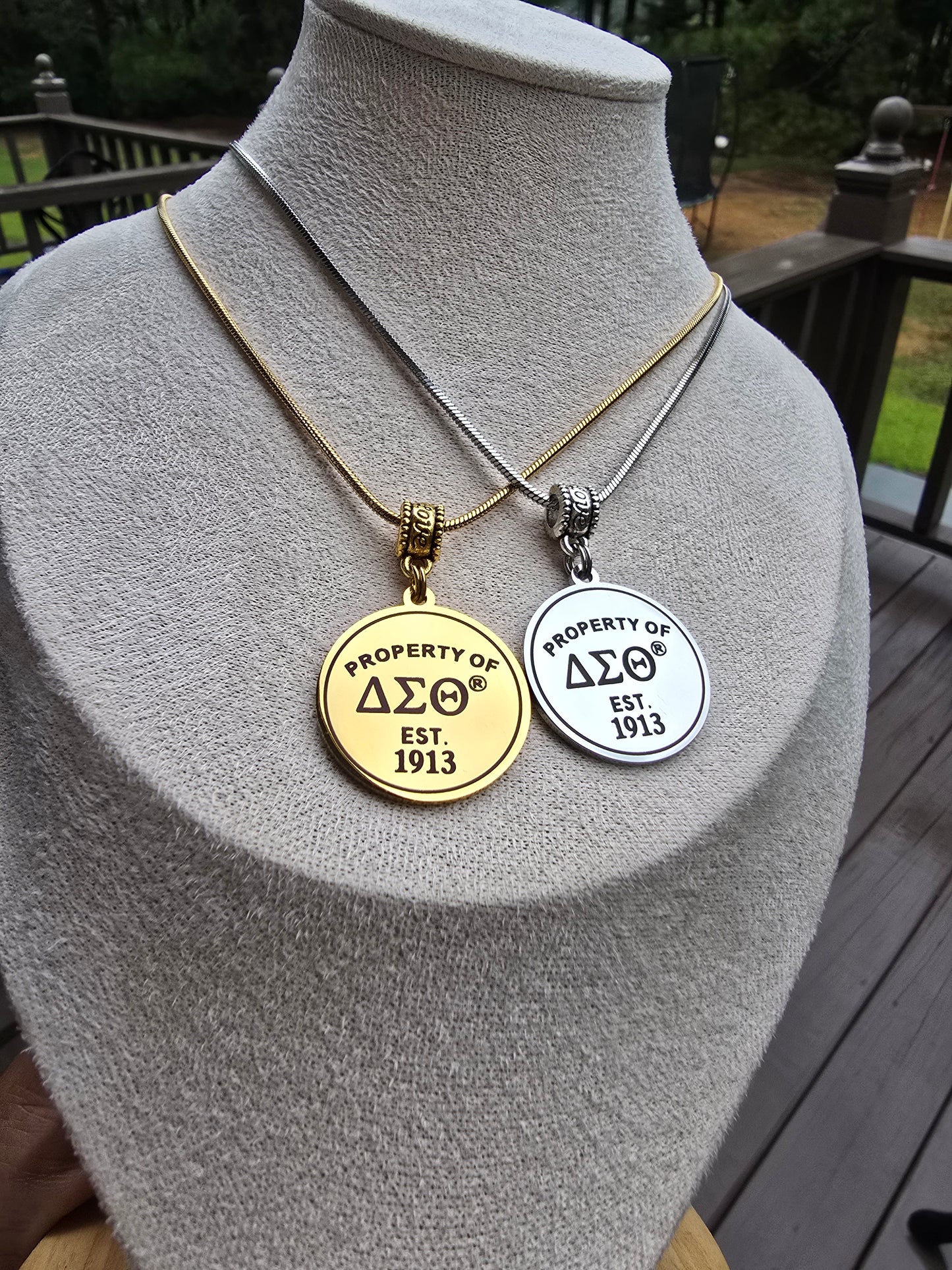 Property of Delta Sigma Theta Sorority Available In Silver and Gold Necklace