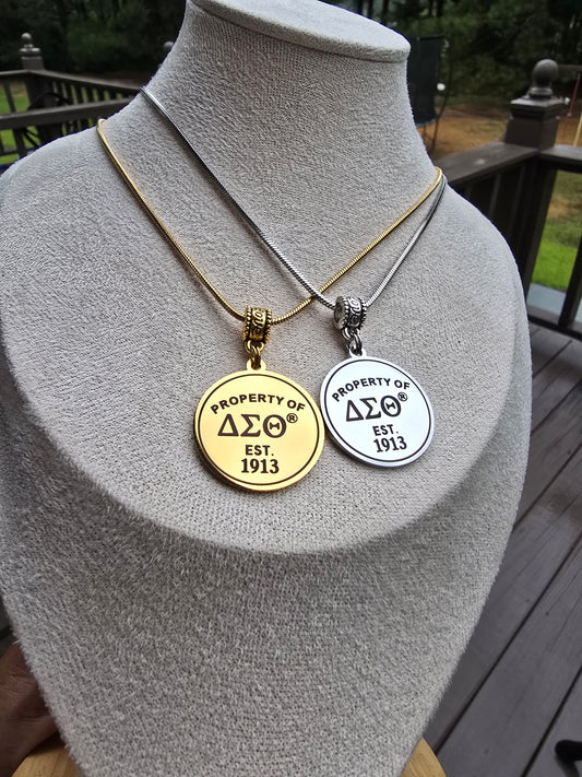 Property of Delta Sigma Theta Sorority Available In Silver and Gold Necklace