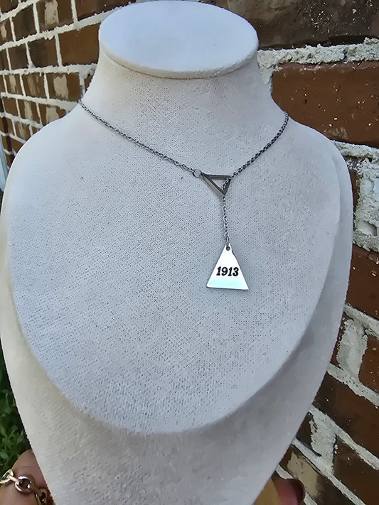 Pyramid 1913 Delta Sigma Theta Sorority Dangling necklaces available in gold & silver