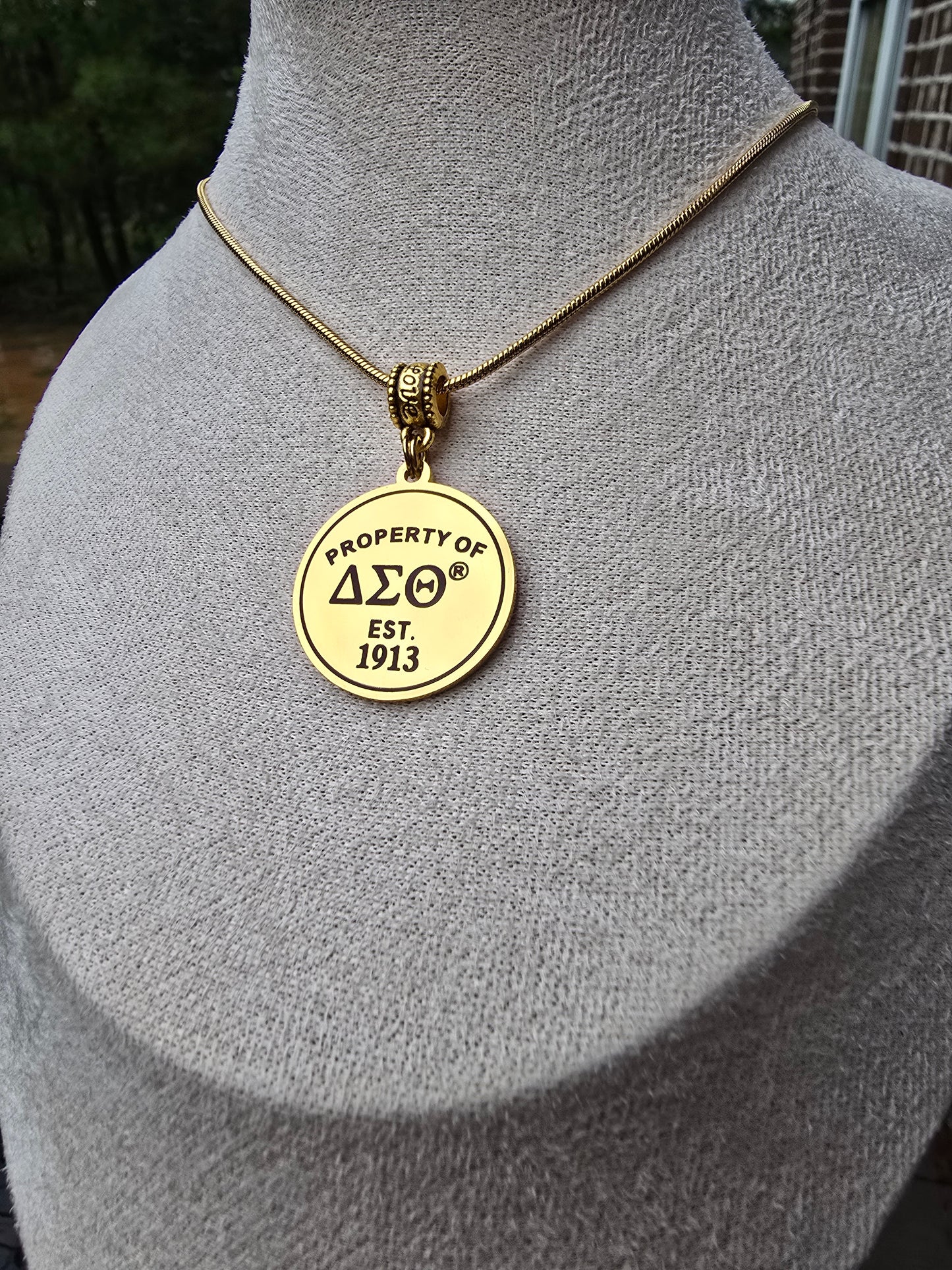 Property of Delta Sigma Theta Sorority Available In Silver and Gold Necklace
