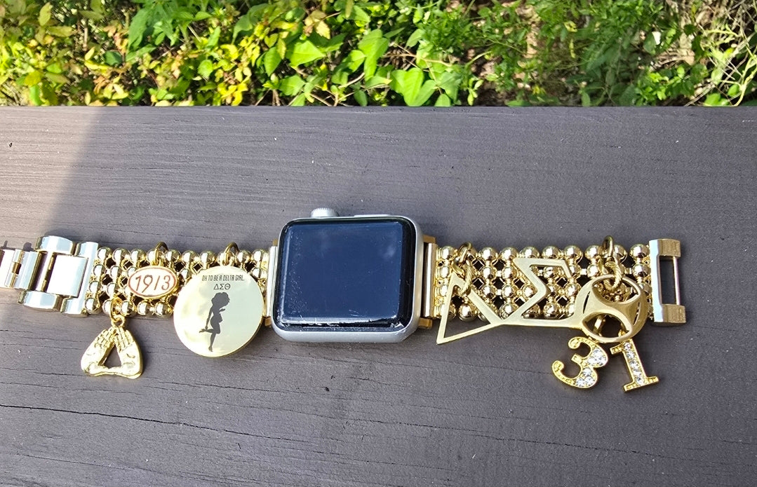 Customize your apple link watch band available in silver & gold (select up to 6 charms of your choice)