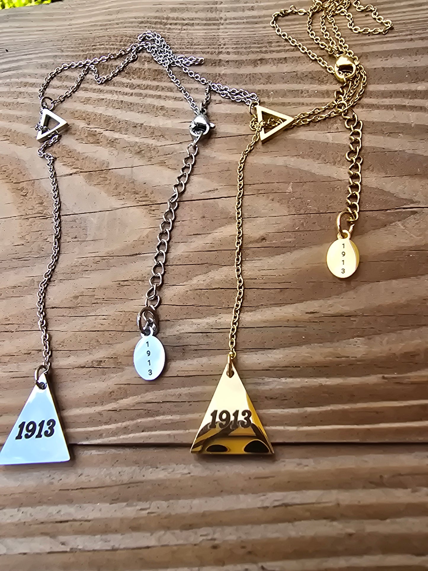 Pyramid 1913 Delta Sigma Theta Sorority Dangling necklaces available in gold & silver