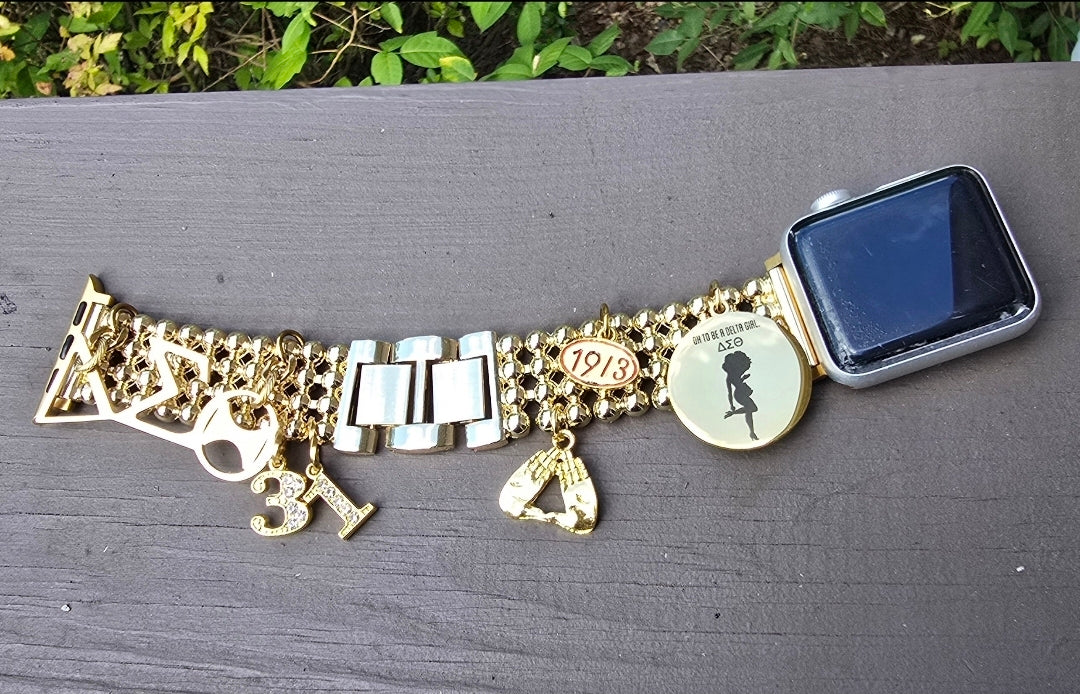 Customize your apple link watch band available in silver & gold (select up to 6 charms of your choice)
